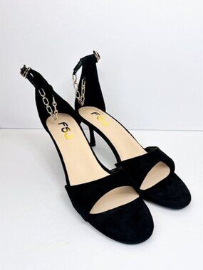 Size 13 Black Chain Ankle Strap Heels Faux Suede Open Toe Sandal Stiletto FSJ
